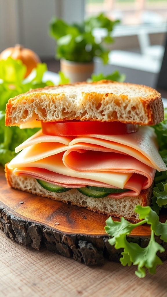 Traditional Dutch Bread Sandwich Recipe A Dutch bread sandwich with cheese, ham, tomato, and cucumber on a wooden board.